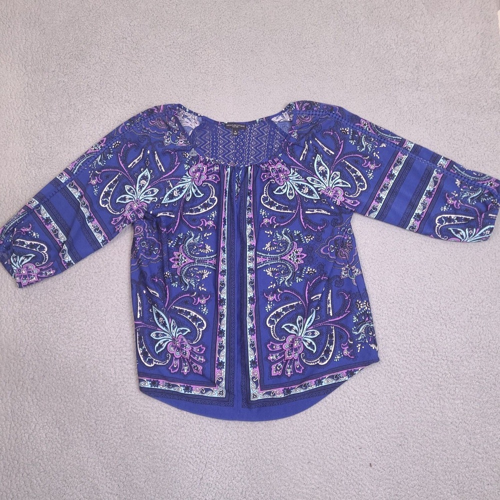 Signature Studio Blouse‎ Womens 1X Plus Blue Paisley Lace Accent Boho Tunic Top